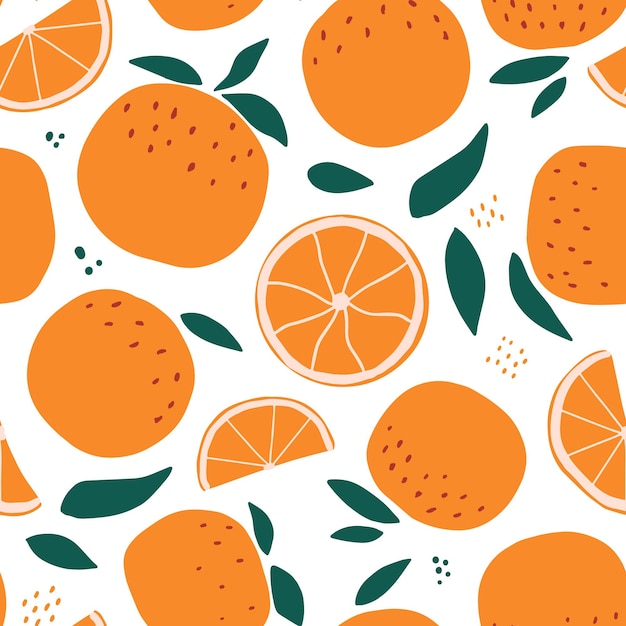 Seamless pattern with oranges and leaves on white background