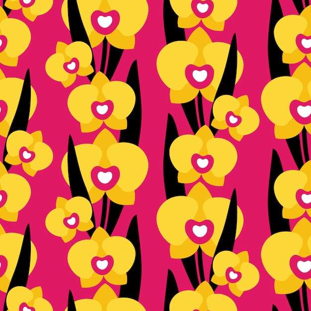 Seamless pattern with orchid flowers on pink background.