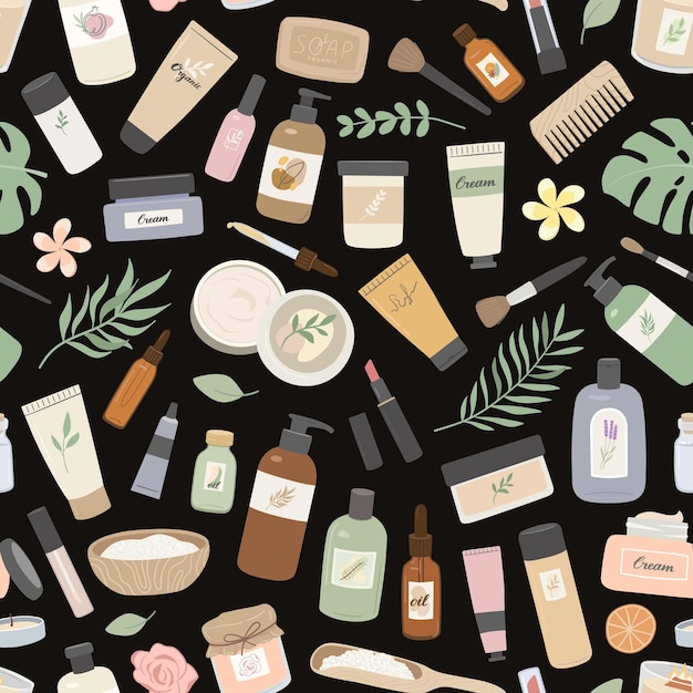 Vector seamless pattern with organic cosmetics, cream, shampoo, essential oil. skin and hair care products