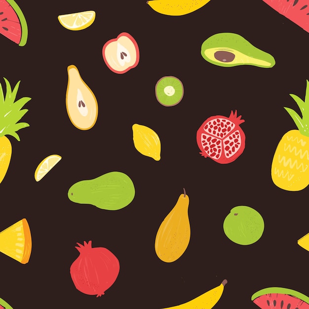 Seamless pattern with organic ripe juicy tropical exotic fruits