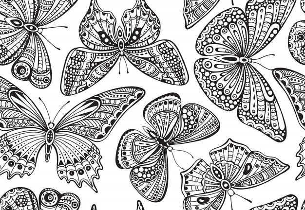 Vector seamless pattern with ornate doodle hand drawn butterflies.