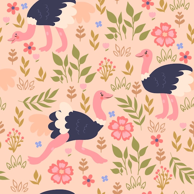 Seamless pattern with ostriches and flowers Vector graphics