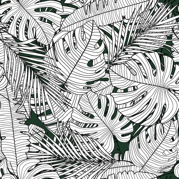 アウトライン モンステラ ラインとのシームレスなパターンの葉熱帯パターン植物の葉の壁紙