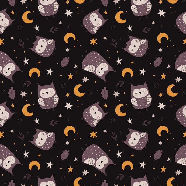 Vector seamless pattern with owls stars and the moon cute seamless background for baby textiles fabrics n