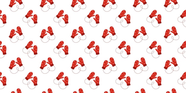 Vector seamless pattern with pairs of red knitted mittens with hearts cozy woolen gloves background