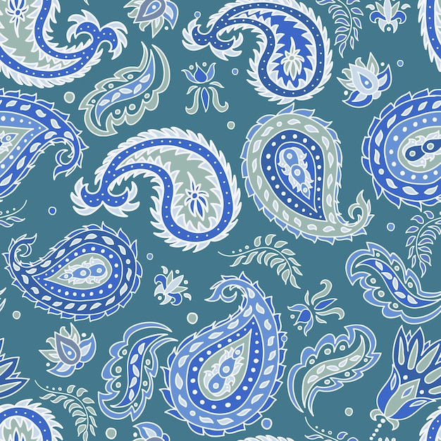 Seamless pattern with paisley and flowers in blue colors