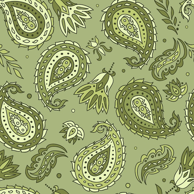 Seamless pattern with paisley and flowers in green colors