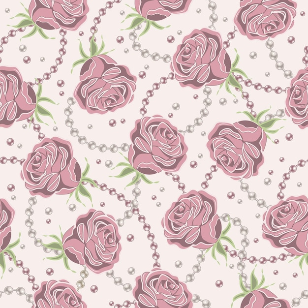 Seamless pattern with pale pink roses pearls