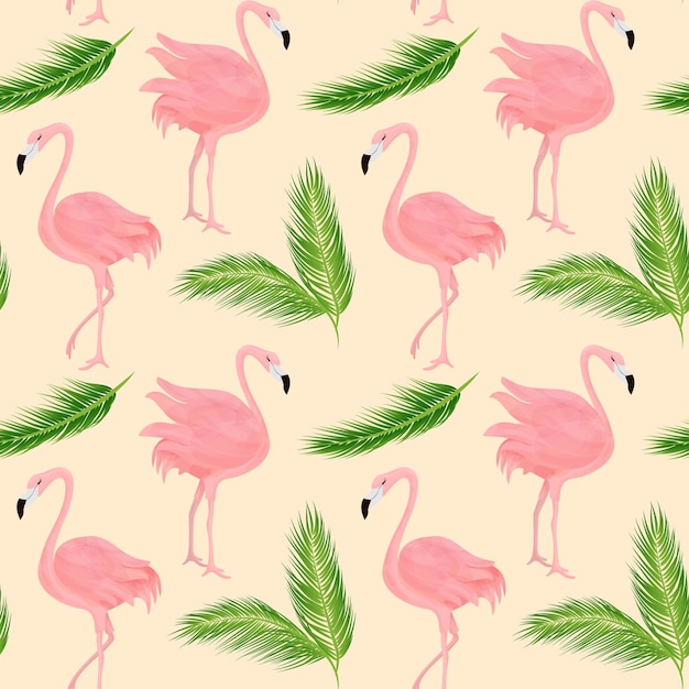 Seamless pattern with palm leaves and flamingos.