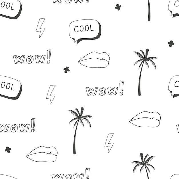 Vector seamless pattern with palm tree lips inscriptions and abstract objects doodles