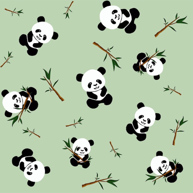 Seamless pattern with panda bear cub and bamboo branches with green leaves on light green background Vector