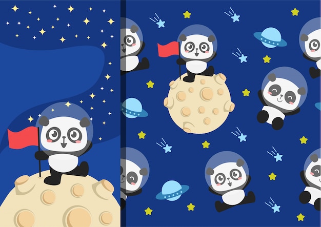 Seamless pattern with panda in the space. cute illustration.