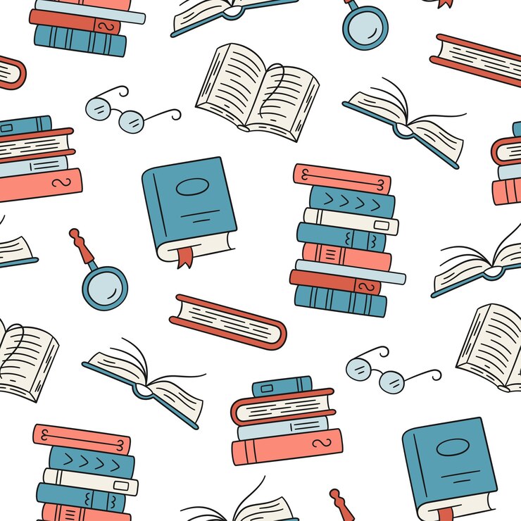 Вектор бесшовный фон с бумажными книгами домашняя библиотека книги стеки очков в стиле каракули