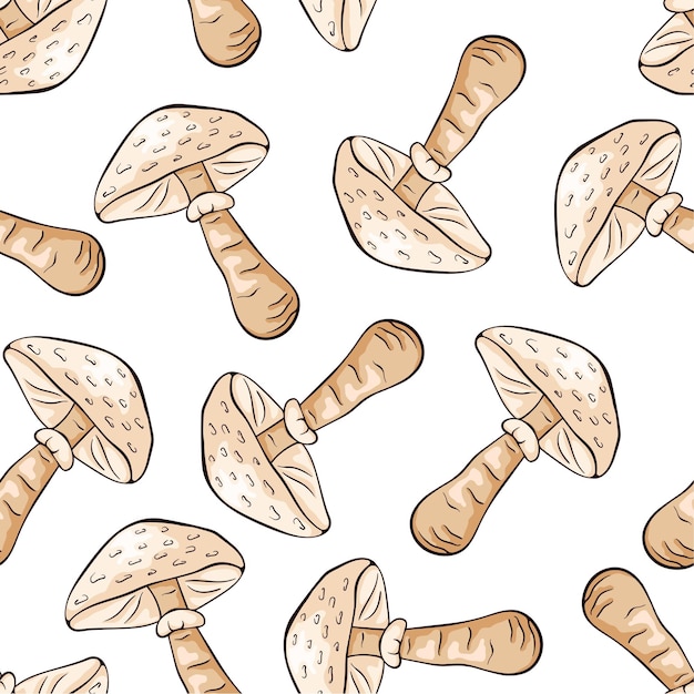 Vector seamless pattern with parasol mushrooms in cartoon line art style for wrapping paper wallpaper textiles background vector illustration isolated on white background