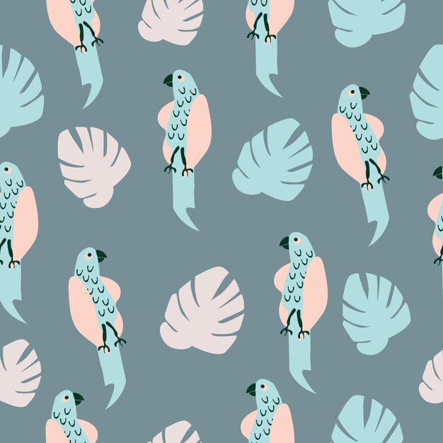 Seamless pattern with parrots on a blue background.