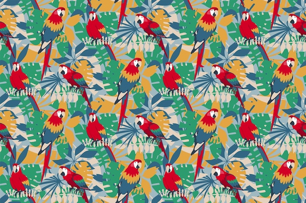 Бесшовный рисунок с попугаями и тропическими листьями модный дизайн текстильной ткани обоев