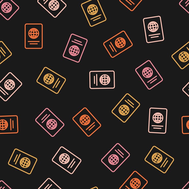 Vector seamless pattern with passport icon and black background