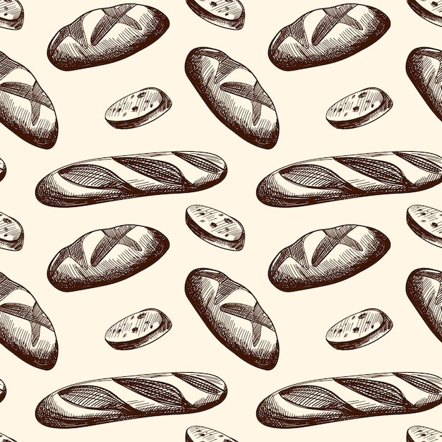 Seamless pattern with pastries buns cakes and bread Baking doodle background