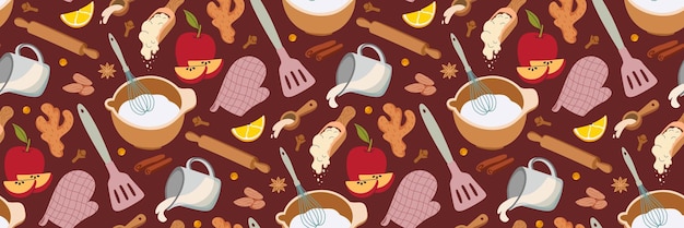 Vector seamless pattern with pastries kitchen utensils ingredients for apple pie flour milk cinnamon
