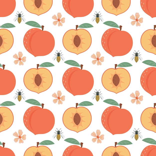 桃の花と蜂とのシームレスなパターンフルーツパターン
