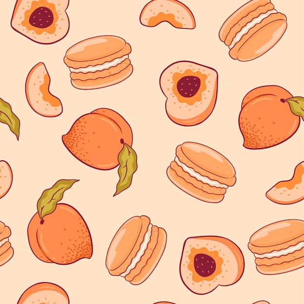 Seamless pattern with peaches and macaroons. Vector graphics.