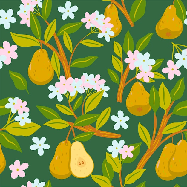 Seamless pattern with pears on the branches