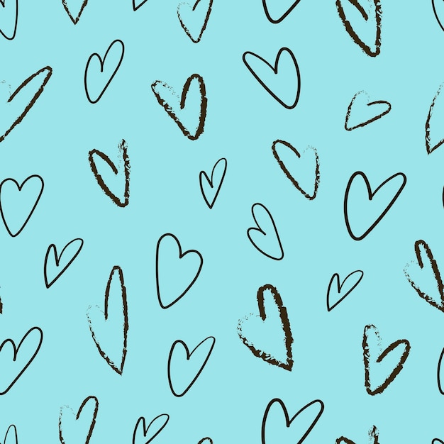 Vector seamless pattern with pencil-style hearts on a blue background.