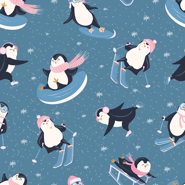 Seamless pattern with penguins on on a dark blue background Vector color illustration with cute polar arctic birds skating on a snowboard in scarf sledding on skis