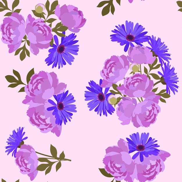 Seamless pattern with peonies and gerbera on light backgroundVector illustration