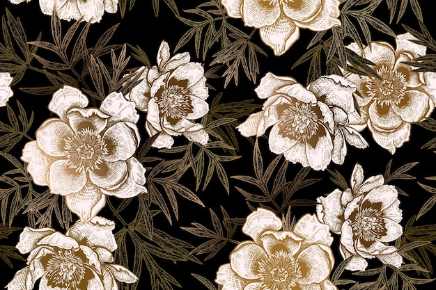 모란과 잎이 있는 매끄러운 패턴 검정 흰색과 금박 인쇄
