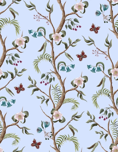 Seamless pattern with peony bushes and flowers in chinoiserie style Vector