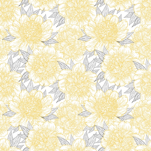 ベクトル 牡丹の花が線で描かれたシームレスなパターン