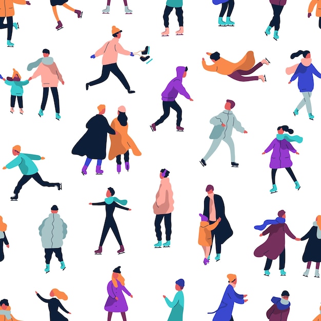 Seamless pattern with people dressed in winter clothes ice skating on rink