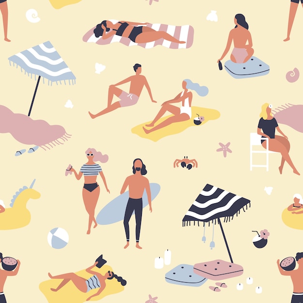 砂浜でリラックスして日光浴をする人々とのシームレスなパターン。海岸や夏のリゾート地での休暇の男性と女性の背景。包装紙、壁紙のフラットの図。