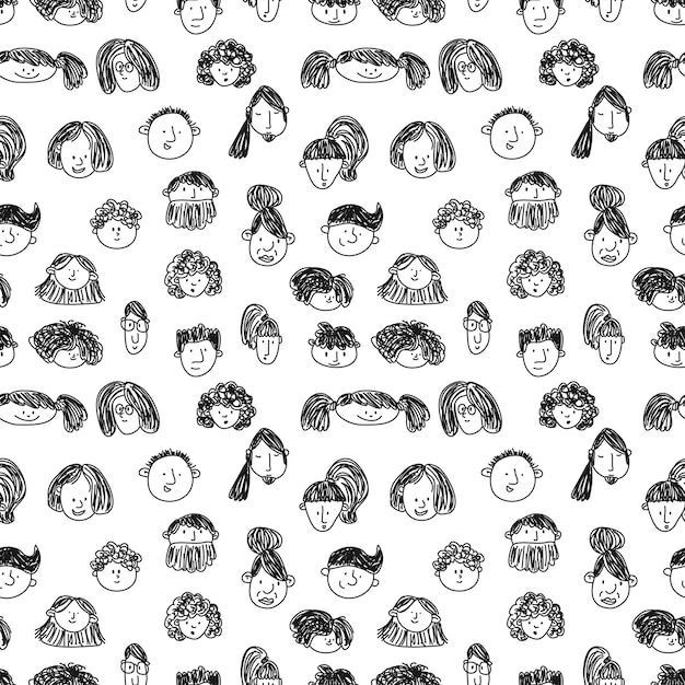 Modello senza cuciture con volti di persone in bianco e nero schizzo stile doodle disegnato a mano line art diversi uomini e donne personaggi dei cartoni animati illustrazione vettoriale