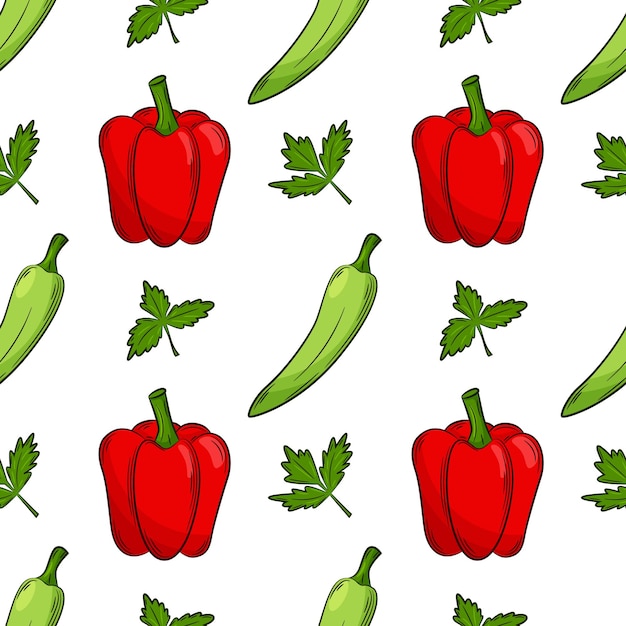 Seamless pattern with peppers and parsley.Color elements in the linear style