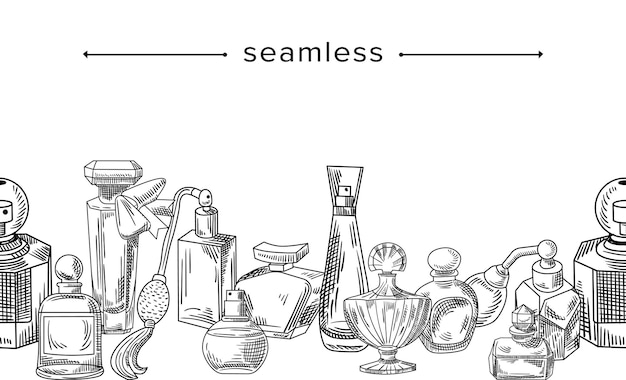 Seamless pattern with perfume bottles, fragrance in vials with pumps and bungs. doodle aroma products, cosmetics scents