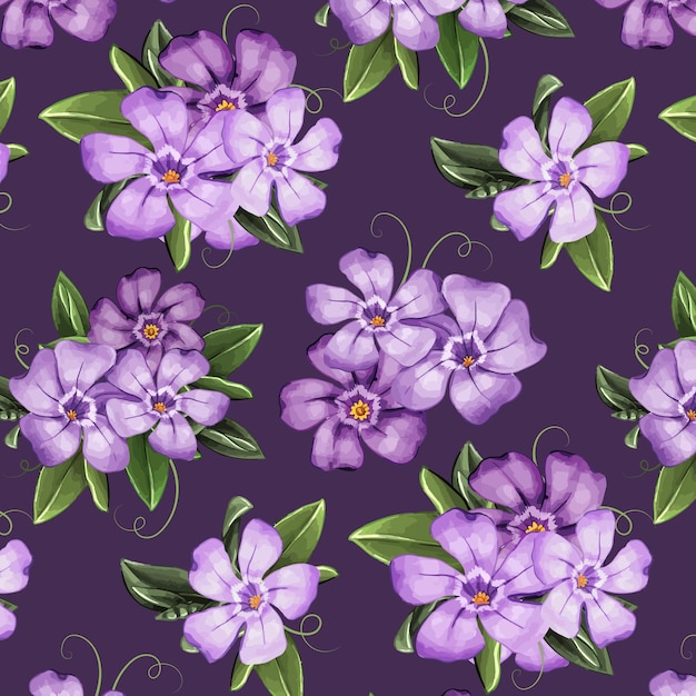 Vector seamless pattern with periwinkle or barvinok flowers and leaves on dark background