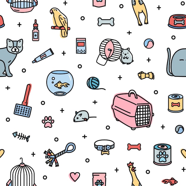 Seamless pattern with pet shop goods and cute domestic animals on white