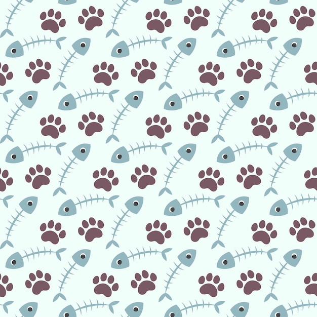 Vector seamless pattern with pets paw footsteps and fishbone