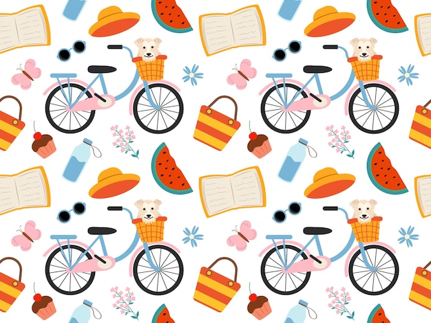 Seamless pattern with picnic elements book bicycle snacks dog vector illustration for wrapping paper