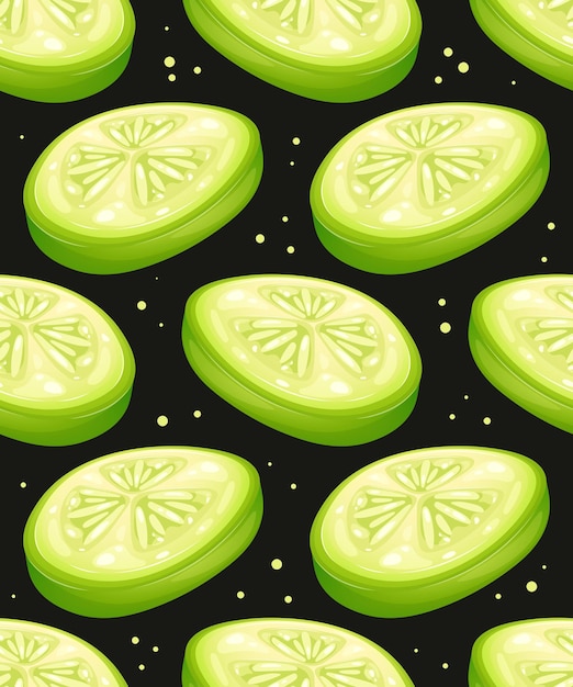 Vector seamless pattern with piece of cucumber on dark black background pattern with vegetables