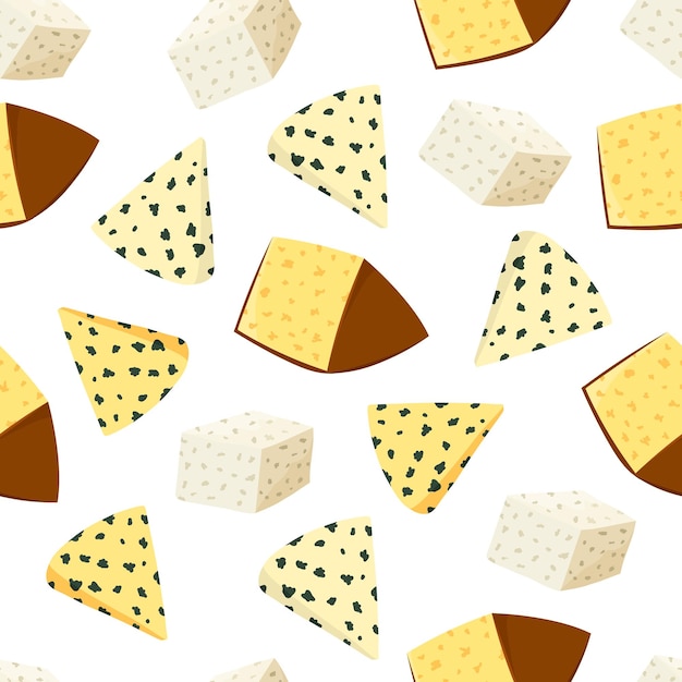 Seamless pattern with pieces of cheese of different varieties