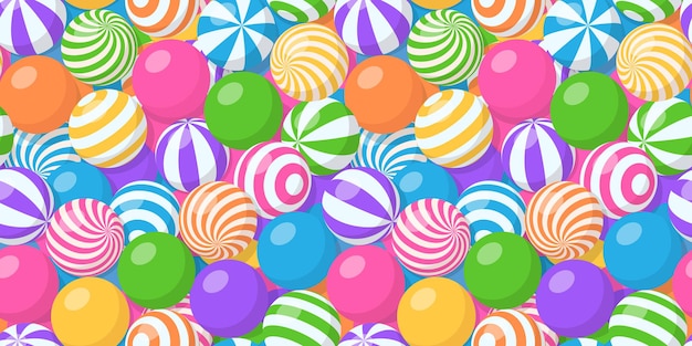 Modello senza cuciture con pile di palline colorate, gomme da masticare, caramelle rotonde o sfere gonfiabili da spiaggia. fondo del fumetto di vettore con molti confetti o gumball dolci con motivo a strisce e a spirale