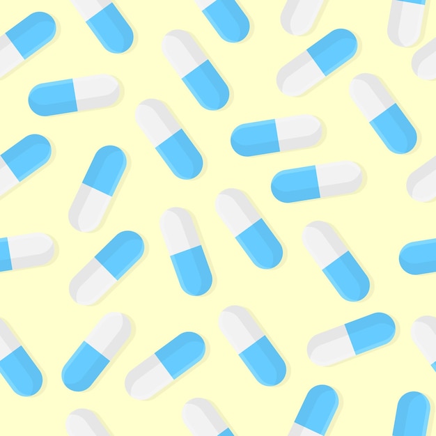 Vector seamless pattern with pills flat icon isolated on yellow background. vector illustration.