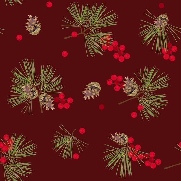 Бесшовный узор с сосновыми шишками, елью и ягодами на бордовом фоне. винтажный фон для тканевых альбомов, плакатов, поздравительных открыток. векторная иллюстрация