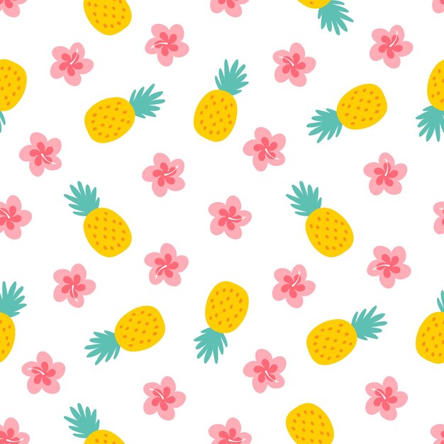 Seamless pattern with pineapples and pink Hibiscus flowers