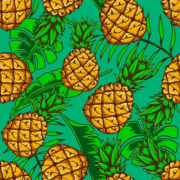 Motivo senza cuciture con ananas e foglie tropicali elemento di design per il cartello del banner della carta poster illustrazione vettoriale