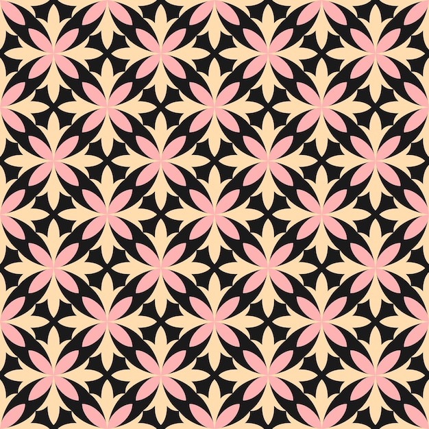 Seamless pattern with pink and beige abstract flowers and black background