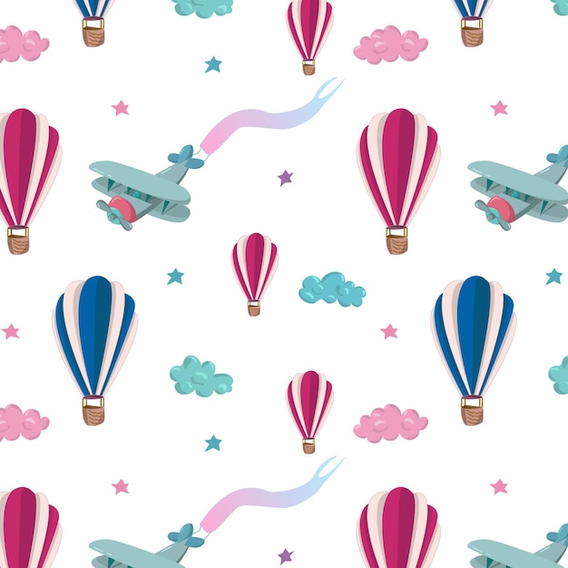 Seamless pattern with pink and blue air ballons, plane, stars and clouds. Hand drawn vector illustration. Seamless pattern for wallpapers, kids textile, cards, stationery, wrapping.